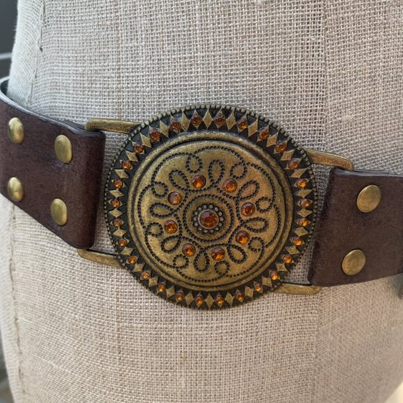 Vintage 90s Y2K Brown Leather Brass Rhinestone Stud Concho Boho Hip Belt - Picture 7 of 16